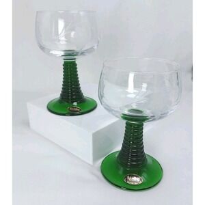 2 Vintage Böckling Roemer Wine Glasses Green Ribbed Stem Clear Etched Grapevine
